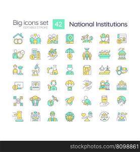 National institutions RGB color icons set. Patterns of behavior. Social system. Society framework. Isolated vector illustrations. Simple filled line drawings collection. Editable stroke. National institutions RGB color icons set