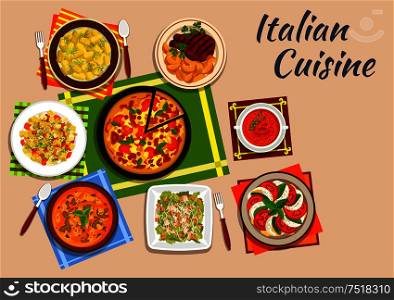 National italian cuisine with margarita pizza surrounded by tomato and mozzarella salad and potato gnocchi, pasta soup and caesar salad, grilled steak, vermouth soup and pasta salad. National italian cuisine menu dishes