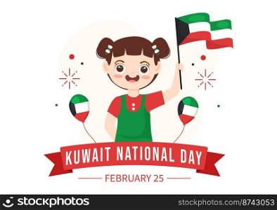 National Kuwait Day on February 25th with Kids Waving a Flag and Independence Celebration in Flat Cartoon Hand Drawn Templates Illustration