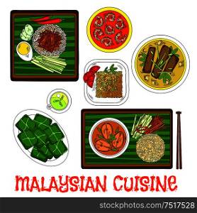National malaysian rice dish nasi lemak sketch icon served on banana leaf with lamb stew and vegetables, pork bone soup and fish curry with fried rice, shrimp sambal udang and rice cakes steamed in banana leaves with green tea. Malaysian cuisine dinner served on banana leaves