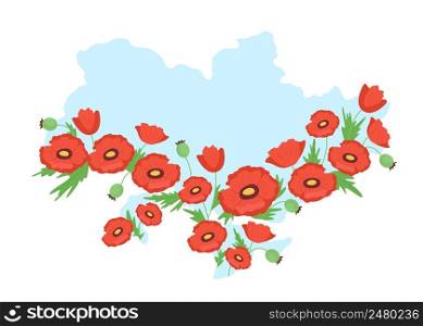 National Memorial day of Ukraine 2D vector isolated illustration. Map and poppy flowers flat objects on cartoon background. Patriotic holiday colourful scene for mobile, website, presentation. National Memorial day of Ukraine 2D vector isolated illustration