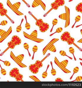 National mexican objects seamless pattern. Vector texture with sombrero, guitar and maracas in red, yellow and orange colors on white background for event decoration or seamless fabric design. Red and white mexican objects seamless pattern