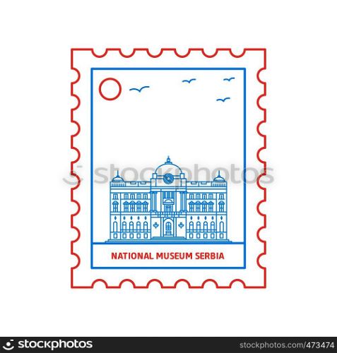 NATIONAL MUSEUM SERBIA postage stamp Blue and red Line Style, vector illustration