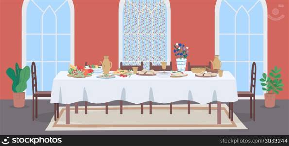 National muslim meal flat color vector illustration. Wedding celebration at restaurant. Dinner table for family. Festive banquet 2D cartoon interior with oriental decoration on background. National muslim meal flat color vector illustration