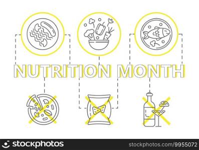 National Nutrition Month concept vector. Event is celebrated every March. Healthy and unhealthy food are shown. Sausage with pasta and mushrooms on a plate. Cauliflower, peppers, carrots, vegetables.. National Nutrition Month concept vector. Event is celebrated every March. Healthy and unhealthy food are shown. Sausage with pasta and mushrooms on a plate. Cauliflower, peppers, carrots
