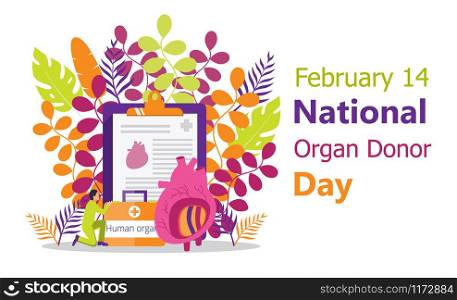 National Organ Donor Day is observed on February 14, 2020. Human organ donor transplantation concept vector for banner, flyer, medical website in cartoon style on floral, botanic background.. National Organ Donor Day is observed on February 14, 2020. Human organ donor transplantation concept vector for banner, flyer, medical website in cartoon style