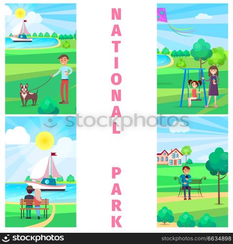 National park in summer time with relaxing people, walking dog, playing with child, admiring floating ship and sitting on bench. National Park in Summer with Relaxing People.