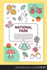 National park poster template layout. Autumn activity. Forest foliage. Banner, booklet, leaflet print design with linear icons. Vector brochure page layouts for magazines, advertising flyers