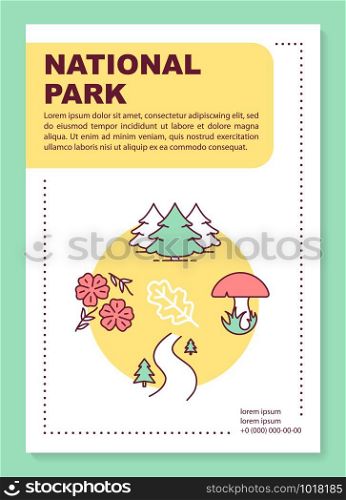 National park poster template layout. Autumn foliage. Trees and flowers. Banner, booklet, leaflet print design with linear icons. Vector brochure page layouts for magazines, advertising flyers