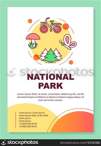 National park poster template layout. City leisure. Outdoor recreation. Banner, booklet, leaflet print design with linear icons. Vector brochure page layouts for magazines, advertising flyers