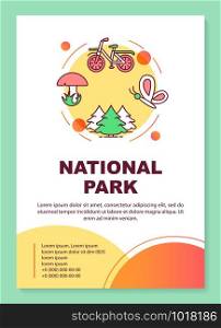 National park poster template layout. City leisure. Outdoor recreation. Banner, booklet, leaflet print design with linear icons. Vector brochure page layouts for magazines, advertising flyers