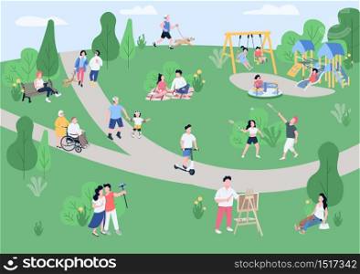National park visitors flat color vector illustration. People enjoying summertime recreation activities, kids on playground 2D cartoon characters with trees, green lawns and paths on background