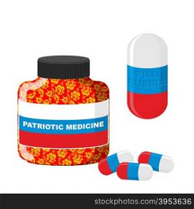 National Patriotic medicine in Russia. Pill with Russia. Vector illustration. Bottle with pills.&#xA;