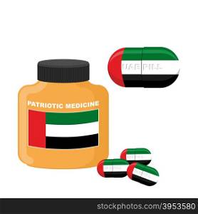 National Patriotic medicine UAE. Pill with the flag of the United Arab Emirates. Vector illustration. Bottle with pills.&#xA;