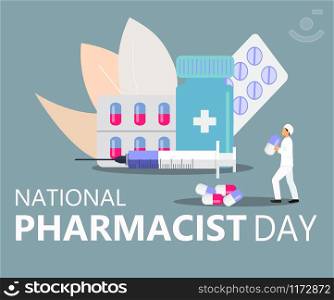 National Pharmacist Day is celebrated in January 12. Doctor of pharmacy is working in drugstore and standing near medicine pills, bottle. Staff helps to choose medicaments. Healthcare concept vector.. National Pharmacist Day is celebrated in January 12. Doctor of pharmacy is working in drugstore and standing near medicine pills, bottle. Staff helps to choose medicaments. Healthcare concept