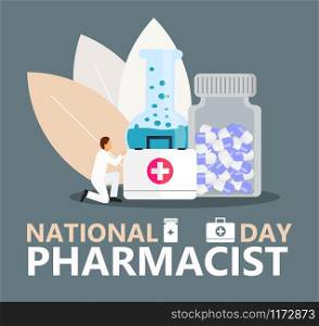 National Pharmacist Day is celebrated in January 12. Doctor of pharmacy is working in drugstore and standing near medicine pills, bottle. Staff helps to choose medicaments. Healthcare concept vector.. National Pharmacist Day is celebrated in January 12. Doctor of pharmacy is working in drugstore and standing near medicine pills, bottle. Staff helps to choose medicaments. Healthcare concept