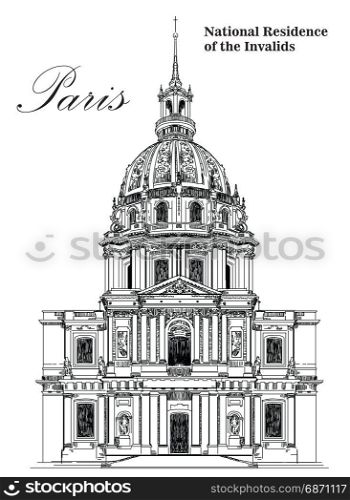 National Residence of the Invalids (landmark of Paris)- vector hand drawing illustration in black color on white background
