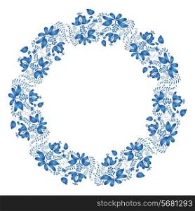 National Russian painting. Gzhel style. Round floral design element. Vector illustration.