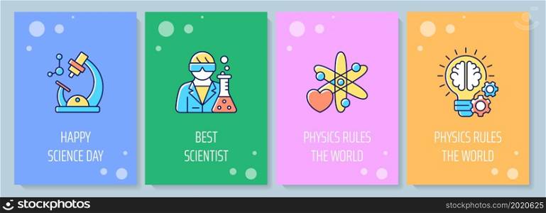 National science day celebration greeting card with color icon element set. Best scientist. Postcard vector design. Decorative flyer with creative illustration. Notecard with congratulatory message. National science day celebration greeting card with color icon element set