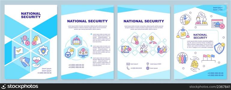 National security blue brochure template. State protection. Leaflet design with linear icons. 4 vector layouts for presentation, annual reports. Arial-Black, Myriad Pro-Regular fonts used. National security blue brochure template