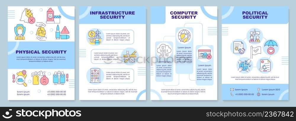 National security components blue brochure template. Homeland safety. Leaflet design with linear icons. 4 vector layouts for presentation, annual reports. Arial-Black, Myriad Pro-Regular fonts used. National security components blue brochure template