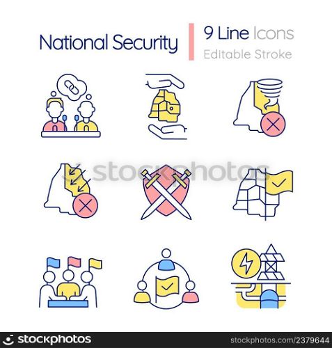 National security RGB color icons set. Freedom and safety defense. Isolated vector illustrations. Simple filled line drawings collection. Editable stroke. Quicksand-Light font used. National security RGB color icons set