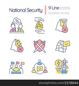 National security RGB color icons set. Freedom and safety defense. Isolated vector illustrations. Simple filled line drawings collection. Editable stroke. Quicksand-Light font used. National security RGB color icons set