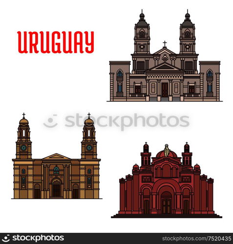 National Shrine of the Sacred Heart of Jesus, Church of Our Lady of the Mount Carmel, Cathedral of Mercedes. Famous architecture buildings of Uruguay. Vector detailed linear icons for souvenirs, travel guide. Uruguay architecture buildings facades elements
