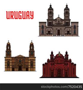 National Shrine of the Sacred Heart of Jesus, Church of Our Lady of the Mount Carmel, Cathedral of Mercedes. Famous architecture buildings of Uruguay. Vector detailed linear icons for souvenirs, travel guide. Uruguay architecture buildings facades elements