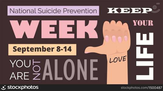 National Suicide Prevention Week in USA. Text you are not alone. Event is celebrated in September 8-14. Cartoon concept vector for web, banner, poster, flyer.. National Suicide Prevention Week in USA. Event is celebrated in September 8-14.