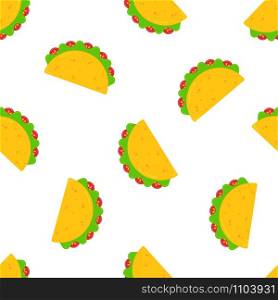 National taco day festive seamless pattern. Flat yellow taco with beef or chicken meat, green salad and red tomato randomly ordered on white background. Vector illustration for mexican festival design. National taco day festive design seamless pattern