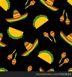 National taco day festive seamless pattern. Traditional tacos with beef, salad and tomato, bright sombreros and mexican maracas randomly ordered on black background. Vector illustration for web banner. National taco day festive seamless pattern design