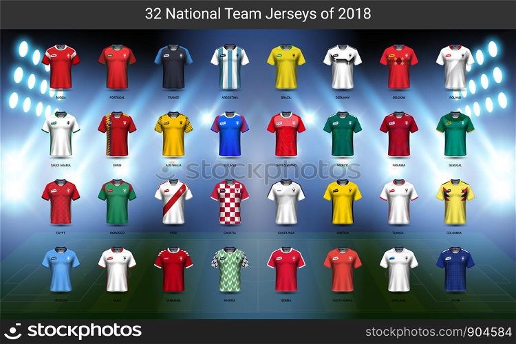 National team soccer jersey 2018 uniform group set, Football players mock-up for your presentation the match results of sport tournament in Russian, Everything is edible, resizable and color change.
