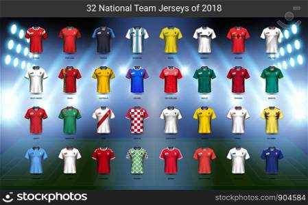 National team soccer jersey 2018 uniform group set, Football players mock-up for your presentation the match results of sport tournament in Russian, Everything is edible, resizable and color change.