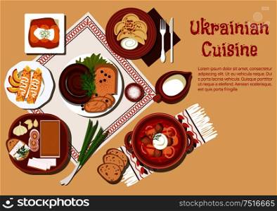 National ukrainian cuisine dishes with borscht served in ceramic pot and sour cream, stuffed cabbage rolls and vegetable dumplings vareniki, topped with fried onion, sausages and fatback, served with garlic and rye bread, pancakes and jug of milk. Traditional ukrainian cuisine dishes set