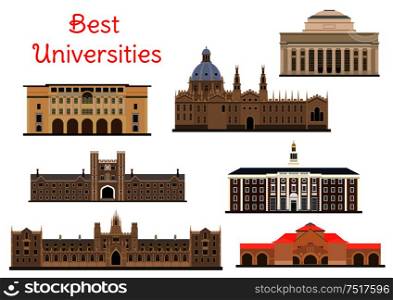 National universities buildings icons for education and architecture design usage with flat symbols of Oxford, Harvard and Cambridge, Princeton, Yale and Stanford Universities and California Institute of Technology. Buildings of popular national universities icons