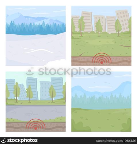 National urban parks flat color vector illustrations set. Winter mountains and forest. Natural environments. Earthquake damage 2D cartoon cityscapes collection with buildings on background. National urban parks flat color vector illustrations set