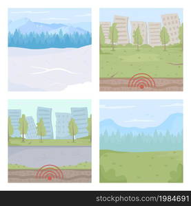 National urban parks flat color vector illustrations set. Winter mountains and forest. Natural environments. Earthquake damage 2D cartoon cityscapes collection with buildings on background. National urban parks flat color vector illustrations set