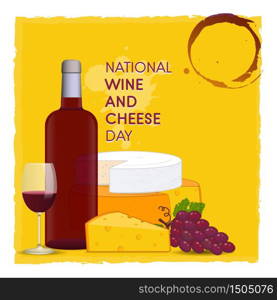 National Wine and Cheese Day vector illustration banner. Bottle and glass of red wine with cheese wheels and slice, grapes.