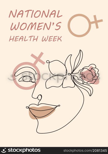 National Women Health Week concept vector for web, app. Event on Mother&rsquo;s Day to encourage women health in May. Girl line face on boho, line, organic style background.. National Women Health Week concept vector for web, app. Event on Mother s Day to encourage women health in May.