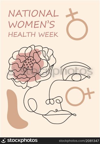 National Women Health Week concept vector for web, app. Event on Mother&rsquo;s Day to encourage women health in May. Girl line face on boho, line, organic style background.. National Women Health Week concept vector for web, app. Event on Mother s Day to encourage women health in May.