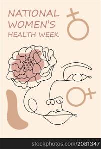 National Women Health Week concept vector for web, app. Event on Mother&rsquo;s Day to encourage women health in May. Girl line face on boho, line, organic style background.. National Women Health Week concept vector for web, app. Event on Mother s Day to encourage women health in May.