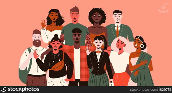 Nationality people composition with doodle style characters of young people of various ethnicity making peaceful gestures vector illustration. Nations Unity People Composition