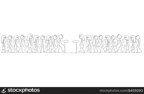 Nations or crowd of people or businessmen meet on the road, vector cartoon stick figure or character illustration.. Crowds of People or Nations Meet on the Road, Vector Cartoon Stick Figure Illustration