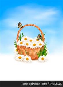 Natire background with summer flowers in basket and butterfly on flowers. Vector