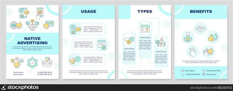 Native advertising cyan brochure template. Aesthetic ads. Leaflet design with linear icons. Editable 4 vector layouts for presentation, annual reports. Arial-Black, Myriad Pro-Regular fonts used. Native advertising cyan brochure template