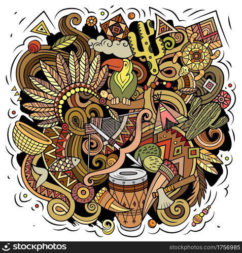 Native American cartoon vector doodle design. Colorful detailed composition with lot of ethnic objects and symbols. All items are separate. Native American cartoon vector doodle design