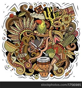 Native American cartoon vector doodle design. Colorful detailed composition with lot of ethnic objects and symbols. All items are separate. Native American cartoon vector doodle design