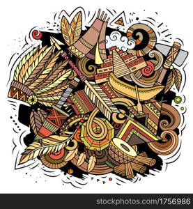 Native American cartoon vector doodle design. Colorful detailed composition with lot of ethnic objects and symbols. All items are separate. Native American cartoon vector doodle design