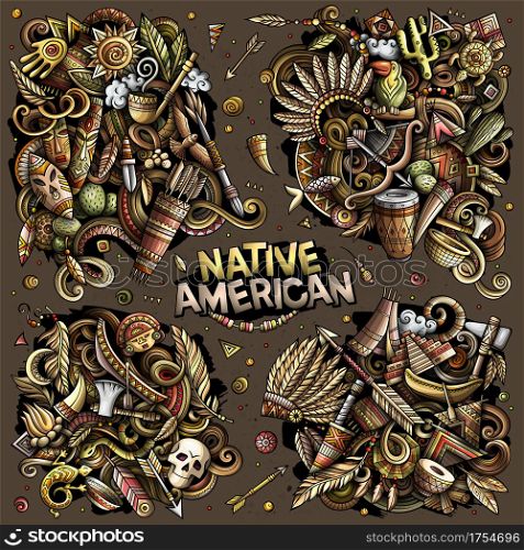 Native American cartoon vector doodle designs set. Colorful detailed compositions with lot of ethnic objects and symbols. All items are separate. Native American cartoon vector doodle designs set.